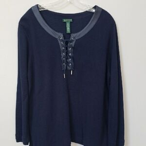 Ralph Lauren Top Womens 1X Navy Blue Rib Knit Tie Front Nautical Sporty Stretch